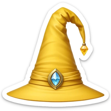 A yellow wizard hat with a classic pointed shape, slightly curved at the tip. The hat has a soft fabric texture with subtle folds, and a wide brim. The design is cartoon-style, with smooth shading, simple details, and a playful, magical look. sticker
