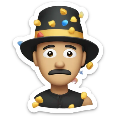 a sad person with a part hat and confetti sticker