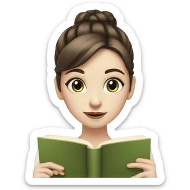 Girl with brown hair in a low bun, wispy bangs, green eyes, pale skin, reading a brown book sticker