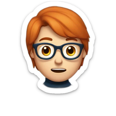 a red-haired boy with glasses and blue eyes in a turtleneck is working at a computer and angry sticker