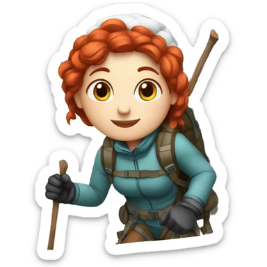 Female winter mountaineer red hair white skin climbing with Greek Flag and Easter eggs basket sticker