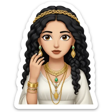 The Palestinian woman, she had long curly black hair and well defined eyebrows wears a white traditional dress. Her accessories steal the spotlight—intricately designed gold bangles, statement rings, and layered necklaces— she doesn’t have a head or hair accessories sticker