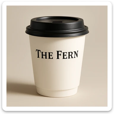 Make the white coffee cup a to-go cup with a lid, keep 'The Fern' in elegant serif letters, classic and refined look. sticker