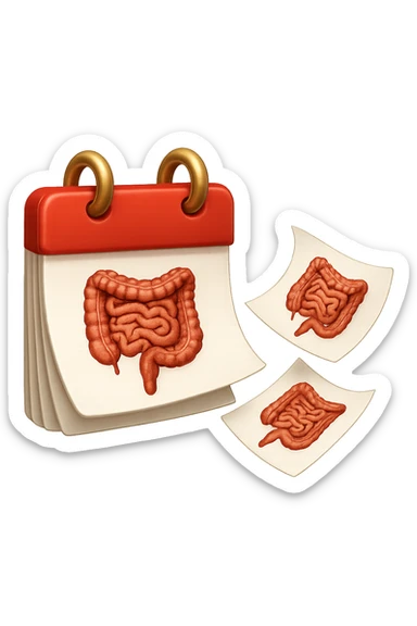 emoji stile iphone di un calendario con fogli che volano insieme, sui fogli ci sono disegnati degli intestini anatomici, iperrealistico 4k, isolato su sfondo bianco sticker
