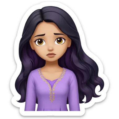 a pretty tan bratz girl with long wavy black hair, wearing a light purple kurti. looking sad sticker