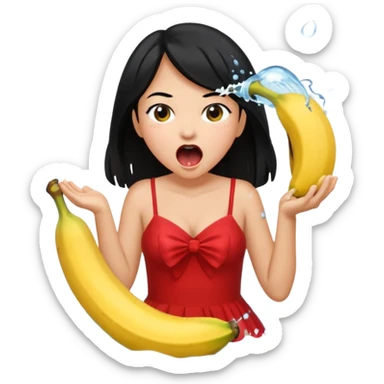 a banana splashing water in girl's mouth above her with black hair and red dress sticker