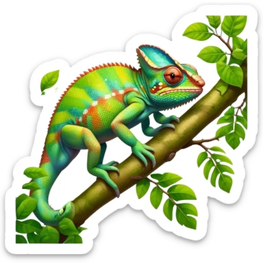 Giant Chameleon blending into natural surroundings, perched on a branch. Its vibrant colors shift with the environment. Lush greenery, branches, and soft sunlight create a peaceful, nature-filled background. Transparent background, showcasing the chameleon's colorful, textured skin. sticker