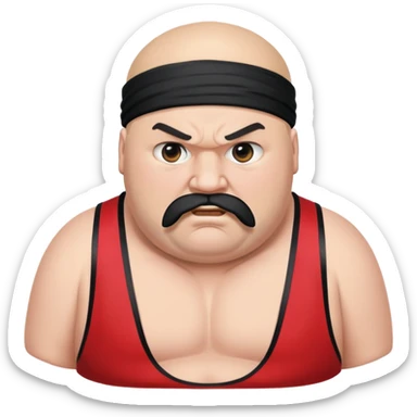 Close-up of morbidly obese white skin guy with young face, prominent BLACK DURAG tied clearly on head, distinct black beard and mustache, no muscle, black eyes in a red and black wrestling singlet with angry face sticker