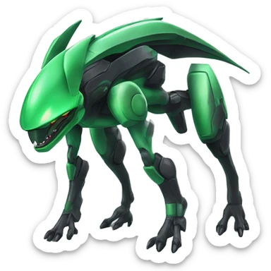 a black-green Genesect-Raptor-Fakémon—hybrid with a futuristic visor-helmet full body sticker