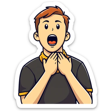 A guy crossing his hands in the neck screaming sticker