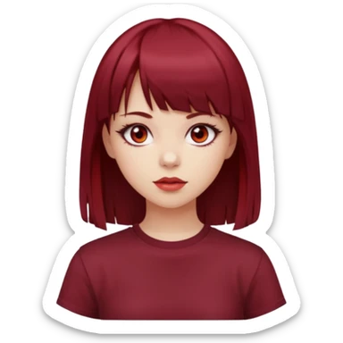 beautiful girl with dark maroon and red medium hair, straight bangs and red bando, red eyes, brown long tshirt, white skin sticker