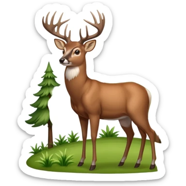 Whitetail buck standing on a hillside with trees and brush in the background. sticker