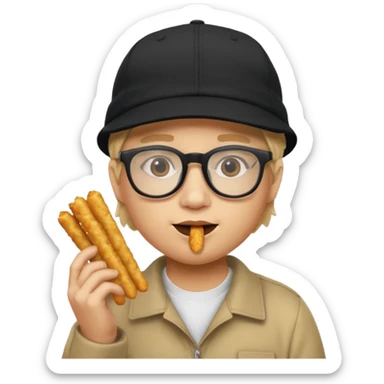 num num eatting hashbrown sticks with a plain black cap and glasses no hair sticker