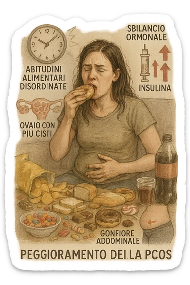 Donna tra i 25 e i 35 anni seduta sul divano o a un tavolo disordinato, circondata da cibi sparsi e poco sani: patatine, dolci, pane bianco, snack confezionati, bibite. Mangiando di fretta, ha un’espressione stanca e frustrata. Intorno a lei, in trasparenza o come illustrazione simbolica, si vedono gli effetti della PCOS peggiorata: ovaie con cisti multiple, squilibrio ormonale (↑ insulina, ↑ androgeni), gonfiore addominale. Sullo sfondo, orologio che corre o caos visivo che comunica disorganizzazione alimentare. Colori spenti e atmosfera stanca. Stile realistico con elementi simbolici e informativi. in italiano sticker
