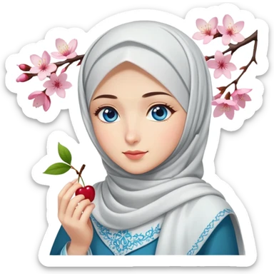 Turkish beautiful finish Konya girl blue eyes with hijab islamic dress and had on her hand cherry blossom sticker