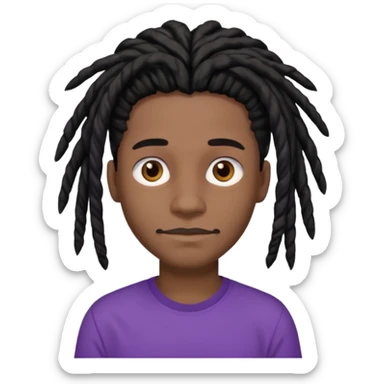 black teen with black dreads in a middle part with brown eyes and a small mustache and purple shirt sticker