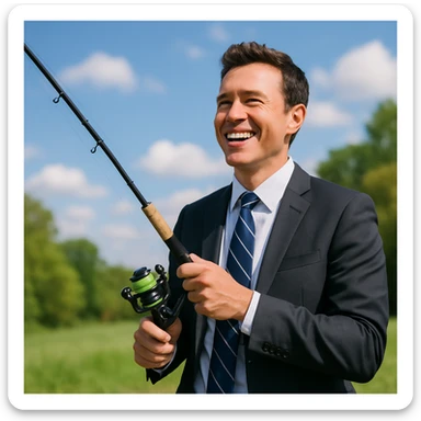 businessman fishing, professional attire, holding a fishing rod, outdoors, cheerful expression sticker