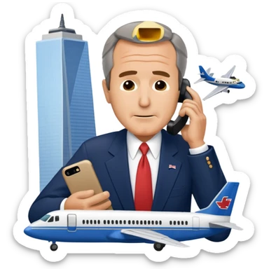 animated emoji of the world trade center with a plane crashed into it and george bush on a phone in front of it sticker