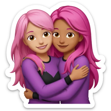 Surprisingly goofy once they open up. Strong, loyal, and incredibly supportive — but still hates wasting time. one woman with long pink hair hugging another woman with short  dark hair sticker