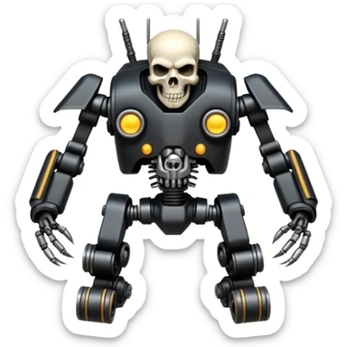 four-armed skull-headed tank mech with four mechanical arms with guns, skull head with cables, tank tread lower body, aggressive expression, shiny metal with minimal color accents, preserve all proportions, pose, and details, motorcycle  sticker
