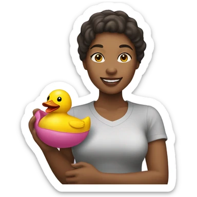 woman happily holding a rubber duck  sticker