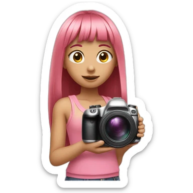 cute girl with long, straight rose hair with fringe and holding camera and wearing pink tank top sticker