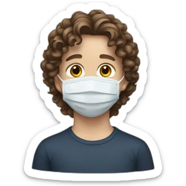 White Young boy with long brown curly hair and Covid facemask sticker