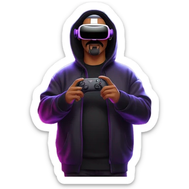 Big Lebowski wearing a black hoodie with "OMG" letters on it and VR headset oculus quest 2 in a cyberpunk VR environment with violet neon lighting. sticker