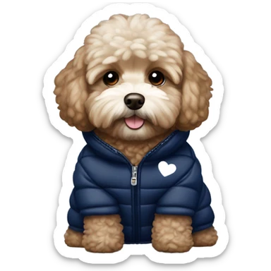 Brown Maltipoo wearing navy blue puffer jacket with little white hearts sticker