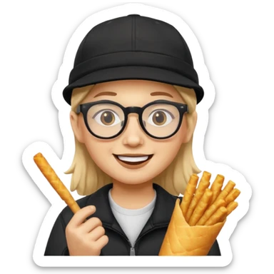 num num eatting hashbrown sticks with a plain black cap and glasses no hair sticker