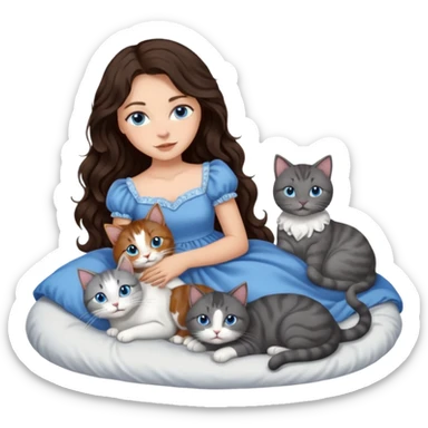detailed realistic looking a dark grey and white cat regally laying with six other cats, cuddling with their owner in bed who is a pretty bratz lightly tanned white girl with long dark brown hair, blue eyes and gorgeous long wavy hair wearing a pretty detailed dress sticker