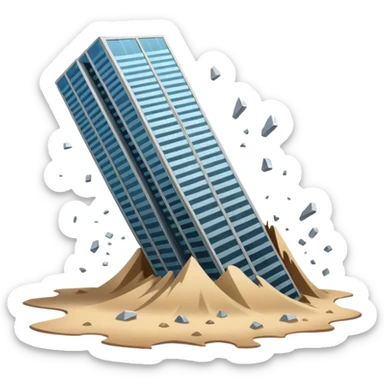 A skyscraper collapsing on quicksand, with floors breaking apart and falling out of the structure, glass and steel debris falling, realistic lighting, cinematic atmosphere, dramatic destruction, ultra detailed sticker