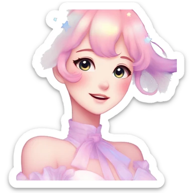 Gorgeous pastel anime style lady blushing nebula-gradient-sparkle face dreamy idol model colorful shiny stars galaxy kawaii cottagecore pearly petite simplistic aesthetic trending style sticker