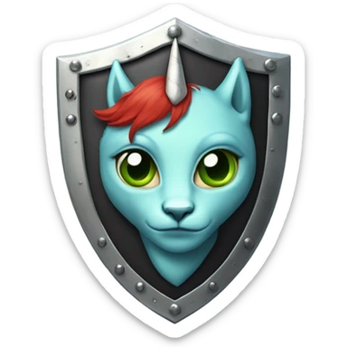medieval shield: [politically incorrect, (
	{ female, alien, witch, color: light green, hair:red, eyes:cat} ]
	on a 
	[{ unicorn: white, legged:four, mane: light blue }]) sticker