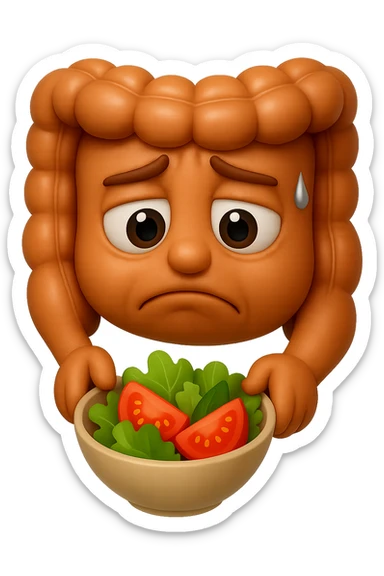 EMOJI STILE IPHONE DI UN INTESTINO UMANO ANATOMICO CHE GUARDA UN INSALATA CON ESPRESSIONE TRISTE E RASSEGNATA IN VOLTO: SOFFRE LA FAME PERCHé è A DIETA, FAGLI ANCHE LA PARTE BIANCA DEGLI OCCHI, NON SOLO LE PUPILLE, IPERREALISTICO 4K sticker