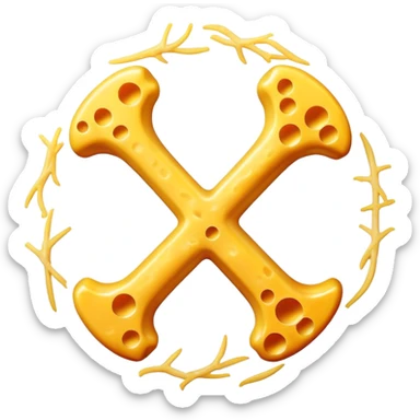 Glowing bone and vitamin K2 symbol with ethereal shredded cheese floating around them in a circular pattern. The cheese emits a soft golden light that flows toward the K2 and bone, creating a magical halo effect of bone-strengthening energy. sticker