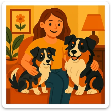 Make the woman younger while keeping her with two mini Australian shepherds, one dainty female and one boyish male, in the same vibrant toon style. sticker