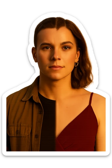 a split image—on the left, a man with short hair and masculine clothing; on the right, the same person with longer hair, makeup, and feminine attire. In the center, a gentle gradient blends the two sides, symbolizing the ongoing process of gender transition. The lighting is warm and the atmosphere is empowering. sticker