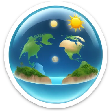 earth inside a fishbowl dome with the sun on the right side and the moon on the left side both inside the dome with islands and water surrounding them sticker