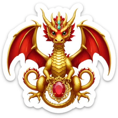 Golden Dragon with wings crest/brosch in a circle with red gems sticker