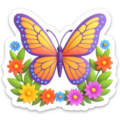 Add various colorful flowers and decorative nature motifs around the butterfly, maintaining the magical, 3D cartoon, digital fantasy art style with transparent background and all existing effects (glowing outline, sparkling accents, magical particles, elegant wings). sticker