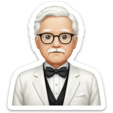 Colonel Sanders KFC, old man with white hair, white goatee, black bow tie, white suit, glasses sticker