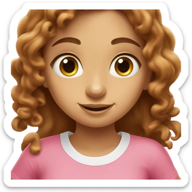 A girl with long brown curly hair and brown eyes. Eating sinabon in a pink T-shirt. sticker