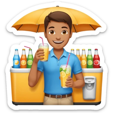 A vendor with a big beverage cooler, offering cold drinks with a wide grin sticker