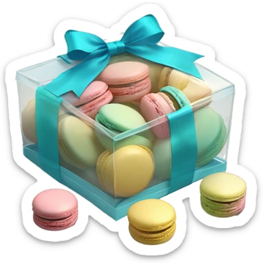 Realistic transparent plastic box with a tiffand blue ribbon and bow around the box and pastel macarons inside of it. sticker