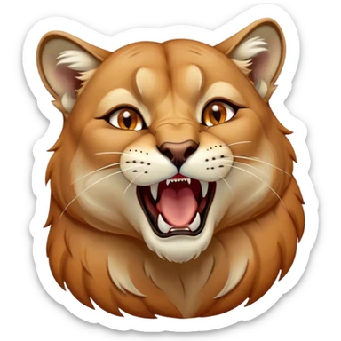 Cinematic Cute Yawning Cougar Portrait Emoji, Head tilted slightly with a dramatic, wide-open yawn, showcasing a soft, sleek tawny Fur with gently drooping ears, round amber eyes barely open in drowsy contentment, Simplified yet irresistibly adorable features, highly detailed, glowing with a soft, cozy glow, high shine, relaxed yet expressive, stylized with a touch of wild whimsy, bright and endearing, soft glowing outline, capturing the essence of a sleepy yet affectionate cougar, so drowsy it feels like it could stretch out of the screen and curl up for a nap! sticker