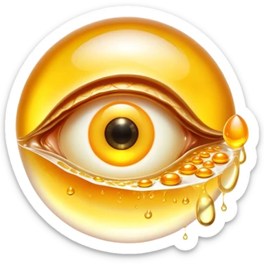 Glowing liver, bright egg yolks, and cod liver oil floating around an ethereal eye that emits golden light. The foods radiate warm amber rays representing vitamin A (retinol) content and its benefits for vision and skin health. sticker