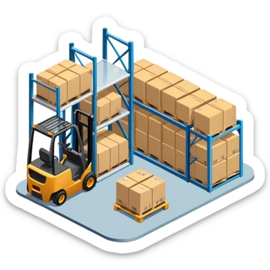 Isometric warehouse with forklift and storage racks inside, large cargo door sticker