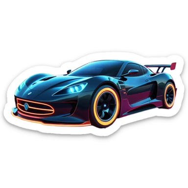 An icon showing a sleek car speeding through a neon-lit cityscape, inspired by Need for Speed. The design features dynamic motion lines, glowing tires, and a vibrant city backdrop with skyscrapers and lights. The rush of high-speed racing is highlighted. Transparent background. sticker