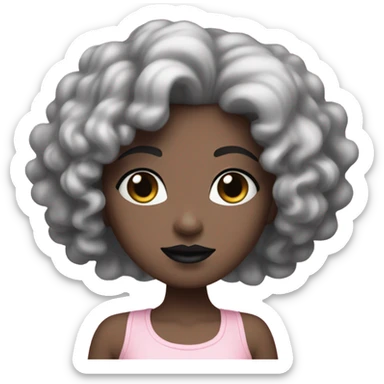 white skin girl has black curly hair with black lipstick and pink top sticker